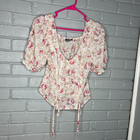Lulumari Tops - Lulumari Floral Eyelet Corset Style Puff Sleeve Chiffon Semi Sheer Blouse Med